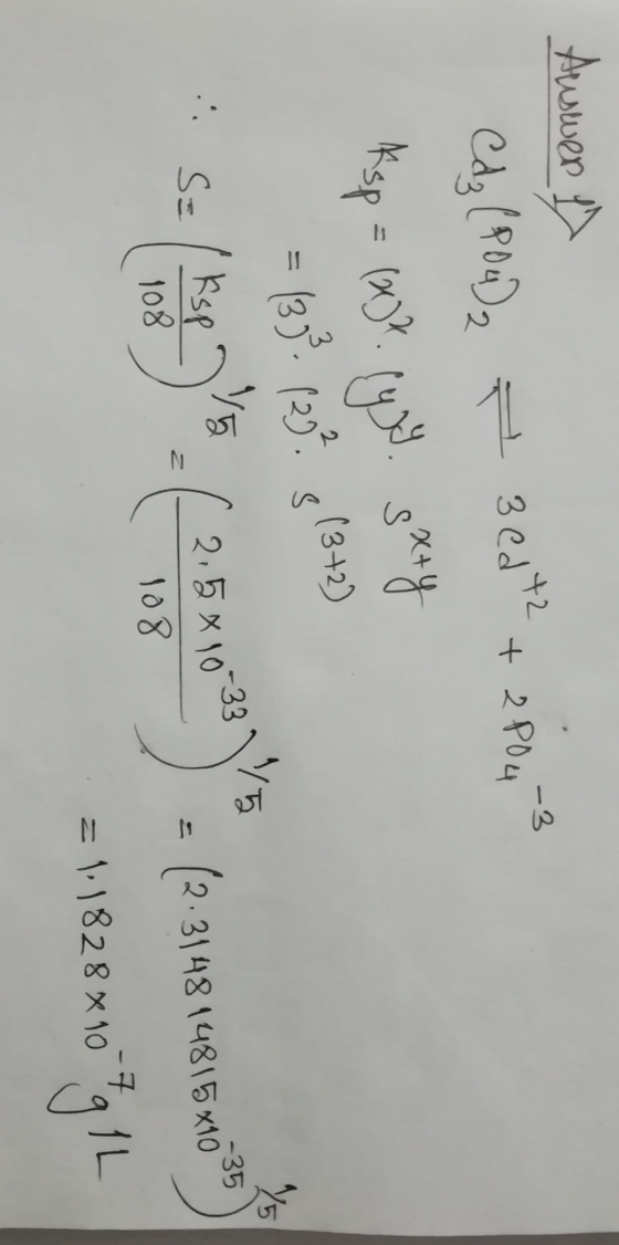 3 ed+2 -3 + 2 POL Auswen 17 Cd₂ (PO4)2 ksp = (x)? sx+y (3+2) = 1333 (29². s الدو /5 1/5 1/5 -35 ... S= ksp 108 108 (2.314814
