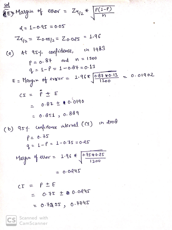 LE3 Margin of exor = 2*12* |P(-2) da 1-0.95 = 0.05 1200 2012 = 20.0512 = 20.025 = 1.96 ca) At 95% confidence, in 1983 P=0.87