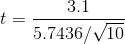 t=\frac{3.1}{5.7436/\sqrt{10}}