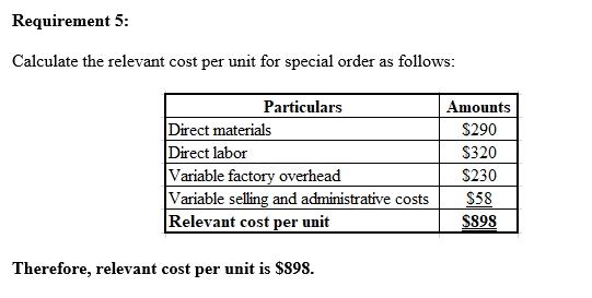 Requirement 5: Calculate the relevant cost per unit for special order as follows: Particulars Amounts Direct materials Direct
