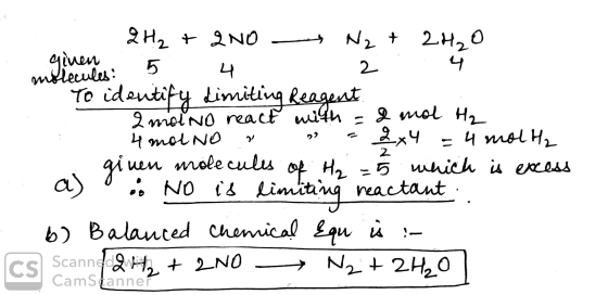 2H₂ + 200 N₂ + 2H₂O given mdlecules: 5 4 2 4 To identify Limiting Reagent . 2 molno react with = 2 mol H₂ 4 mol No ? ».-2x4 =