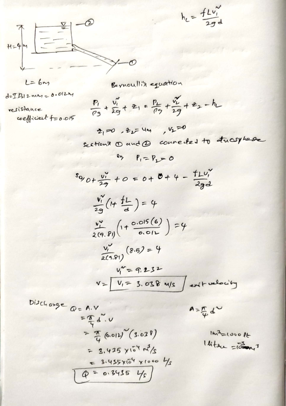 hea flur 2 2gd + t Z, F + Z₂h 29+ ng 120 By Discharge Q=A.V H=4M L=bm Bernoullix equation d=ID; 12 may = 0.012ny P ur resista