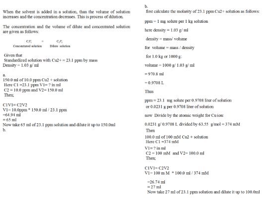 first calculate the molarity of 23.1 ppm Cu2+ solution as follows: ppm 1 mg solute per 1 kg solution here density.03 g/ ml de