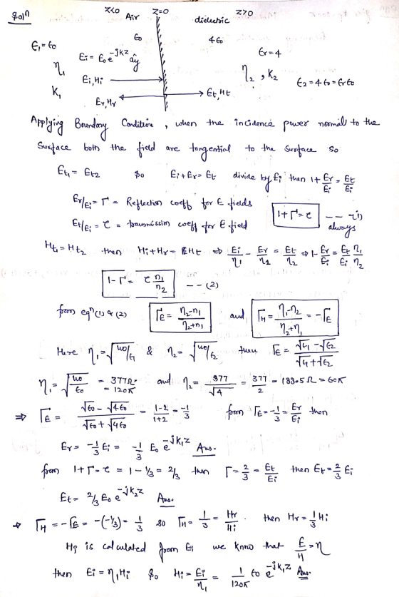 LO Son dielestic 270 E = to E: - fejka Ei, Hi- Ei= to at Er=4 se ? ,ka - E2=4 to=fito → Et,Mt Applying Boundary Condition,