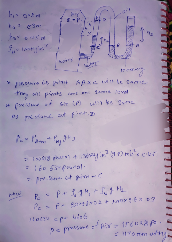 h = 0.2m -EP- Lel 13 haz 8.3m horoon5m Iw= loroky m3 Water Water mercury pressure At point A,B & C will be same they all poin