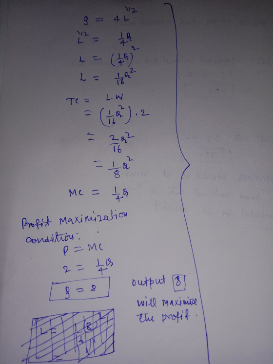 12 g= 4L x = L = (48) L = Home TC = LW = (43), 2 - - 2 Q2 Mc = 14 Profit maximization conditions: p=mc 2= 1 18=8 output 185 w