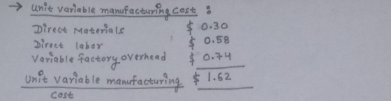 $ 0.58 → unit variable manufacturing cost 8 Direct Materials $ 0.30 Direct laber Variable factory overhead $ 0.74 Unit variab