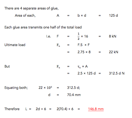 There are 4 separate areas of glue, Area of each, -125 d Each glue area transmits one half of the total load Le. F =-x16 = 8k