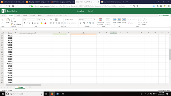 Excel Online templateSaved Fle Comments Ais Σ AL.DSum v Z Geterel l ter Select Fan Algmem Edbng 6920 8095 8156 6595 13040 9488 7001 9559 11575 11058 9793 9941 13092 8186 7955 9957 11474 9559 6934 9677 7226 Data Help liproe Ohc 9:32 ρΜ % 1/26/2019 Et.