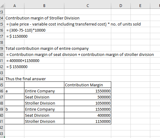 DE 24 Contribution margin of Stroller Division 25 = (sale price - variable cost including transferred cost) * no. of units so
