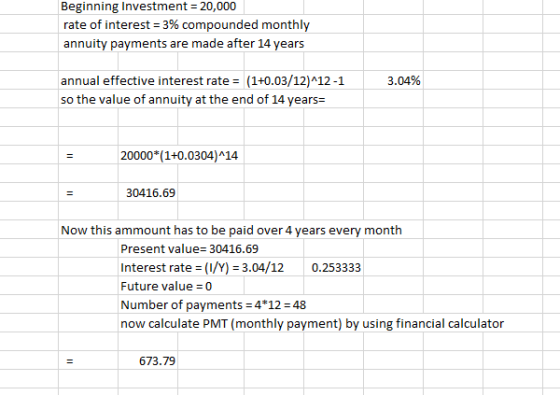 Beginning Investment 20,000 rate of interest = 3% compounded monthly annuity payments are made after 14 years annual effectiv