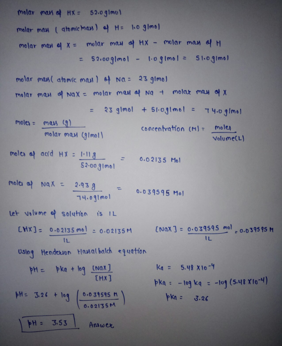 molar mass of HX= 52.0 g/mol molar man (atomic mas) of H= 1.0 g/mol molar man of x = molar man of HX - molar man of H = 52.00