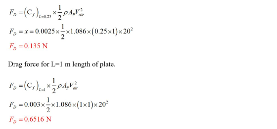 Ep =(Cs)-ox *324,73 Fp = x= 0.0025x2x1.086x(0.25x1)x 20° F) = 0.135 N Drag force for L=1 m length of plate. Fr= C, ).mx5p4,Vä