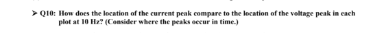 > Q10: How does the location of the current peak compare to the location of the voltage peak in each plot at 10 Hz? (Consider