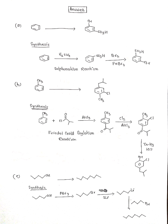 | Answer Synthesis SOH H₂ 504 50H B92 - Febrz sulphema hem Reaction CI Synthesis A03 > cl + c AlCl3 Friedal Coast Quylahu Rea