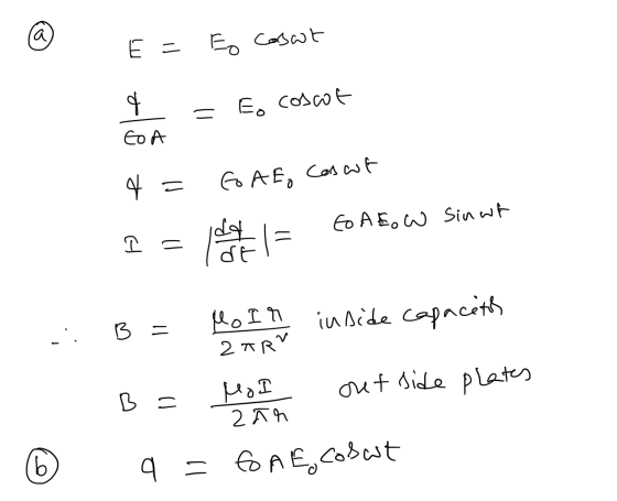 E = Eo casat x 9 = Eo coscot 8 Con 4= Go AE, Coscut I = dokl= Go A Bow Sin wt - ZARV B = Hoit inside capacets B= Mo I outside