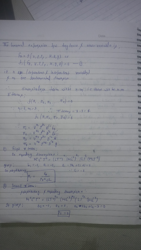 Date. The General expression byw drag force of other variable is; forf/v, S, P, H, O, g) or tilfo, ViSSA, H. 9,0) = 0 it noge
