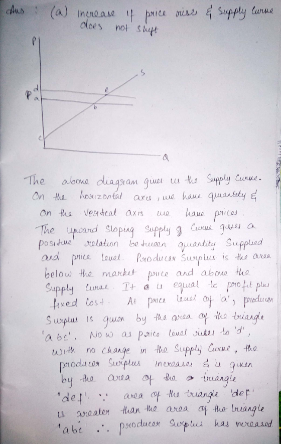 Ans. (a) increase 1 price ouses & Supply Curve does not sucht The above diaqram gives us the Supply Curne. On the hosuzontal