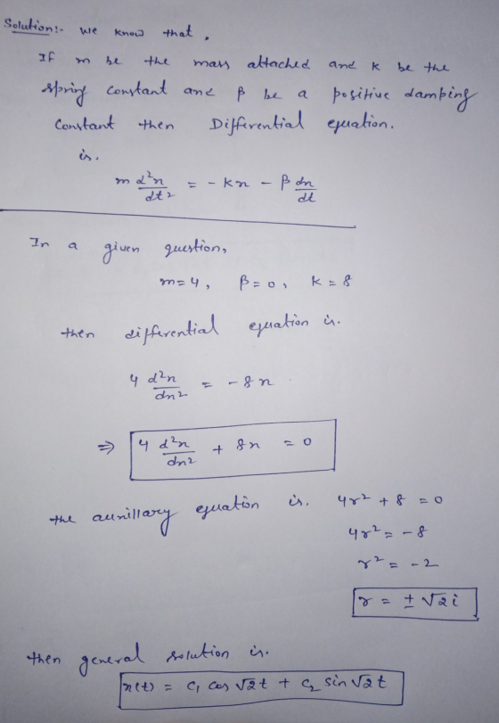 Solution: we know that , IF the and K be the ane spring constant Constant a mass attached ß be positive damping Differential