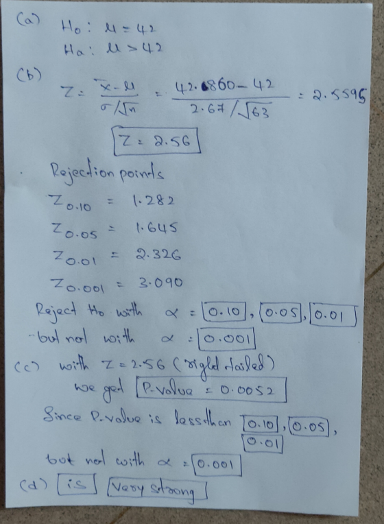 (a) Ho: 11 = 42 Ha ll> 42 Z X -li 42.8860. -- 2.5596 on 2.67 1868 12=2.56 Rejection points 2010 = 1.282 Zoos - 1.645 20.01 =