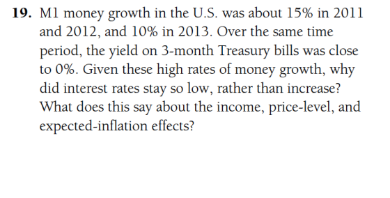 19. Ml money growth in the U.S. was about 15% in 2011 and 2012, and 10% in 2013. Over the same time period, the yield on 3-mo
