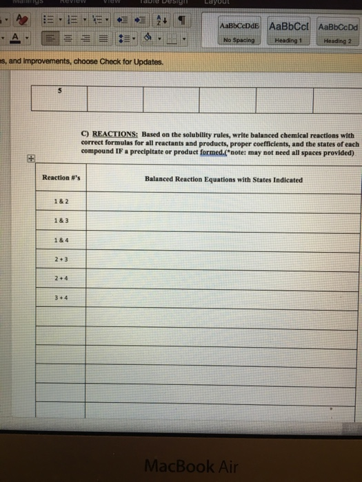 BbCcl AaBbCcDd No s, and improvements, choose Check for Updates. C) REACTIONS: Based on the solubility rules, write balanced