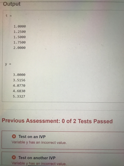 Output t = 1.0000 1.2500 1.5000 1.7500 2.0000 3.0000 3.5156 4.0770 4.6830 5.3327 Previous Assessment: 0 of 2 Tests Passed ® T