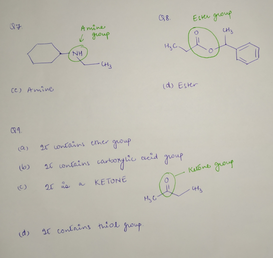 (98. OF Ester group o Ultz Amoroup v group NH < Chi (d) Ester (c) Amine (a) (6) (C) at contains ether group at contains carbo