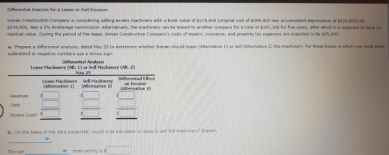 Differential Analysis for a Lease-or-Sell Decision Inman Construction Company is considering selling excess machinery with a
