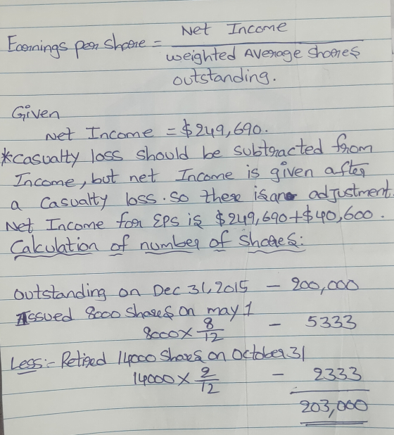 Net Income Earnings per share weighted average shoores Oulsano outstanding. Given - Net Income = $249, 690. *casualty loss sh