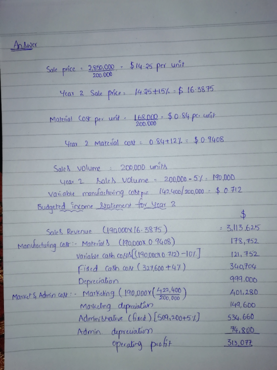 Answer Sale price - 2,850,000 - $14-25 per unit 200.000 Year & Sale price : 14.25 +15% = $ 16.3875 Makial cost per unit 168,0