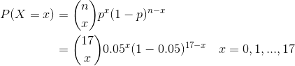 P(X = x) = (?)p (1 – p)n-1 0.05(1 – 0.05)17-1 I = 0,1,..., 17