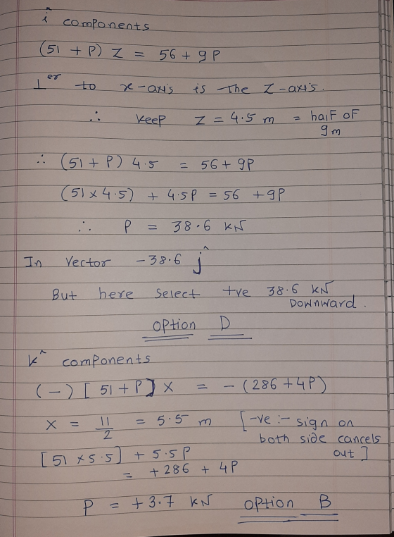 Components (51+P) Z = 56+9P eo I to x-anis es The Z-axis. keep z = 4.5 m half of gm :51+P) 4.5 - 56+ 9P (51x4.50 +4.5P 56 +9