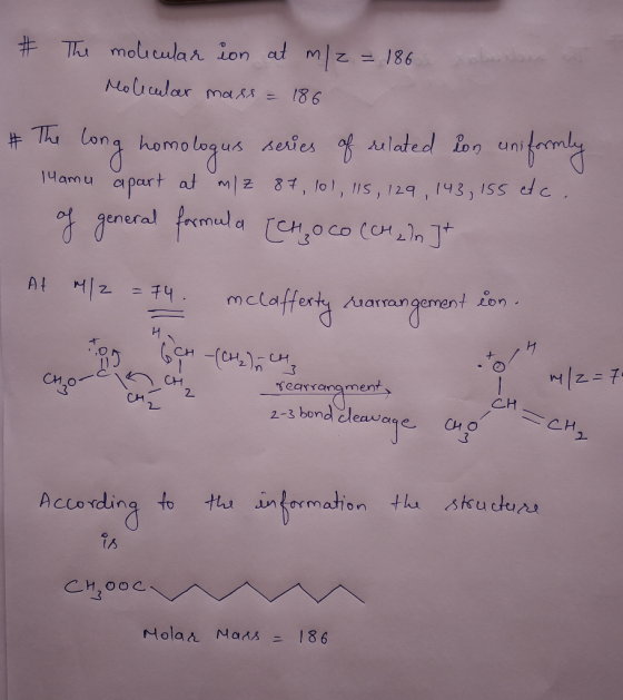# The molecular in at m/z = 186 Molecular mass = 186 # The long homologus series of related on uniformly 14amu apart at m/z 8