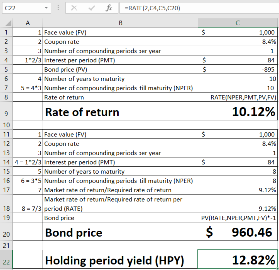 C22 х fic =RATE(2,C4,C5,C20) C 1 $ 1,000 8.4% 1 N 84 $ $ -895 10 10 RATE(NPER,PMT,PV,FV) 10.12% oo 9 1 $ А B 1 Face value (FV