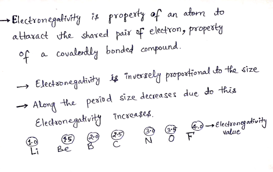 →Electronegativity is property of an atom to attaract the shared pair of electron, property of a covalently bonded compound.