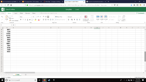 Excel Online templateSaved Fle comments L Σ AL.DSum v Z Ais Geterel $-% 滤器 | Corano,als larat. , Insert Delete-ormat Forma:F3rter Filter-Select Fan Alg menc Edbng 9677 7226 11032 12142 6842 9854 7267 10011 047 8758 7528 8522 Data Help liproe Ohc :32 PM 1/26/2019 脈4--:: ^