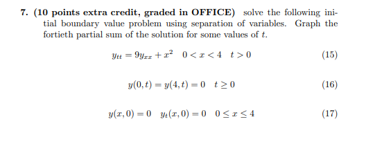 7. (10 points extra credit, graded in OFFICE) solve the following ini- tial boundary value problem using separation of variab