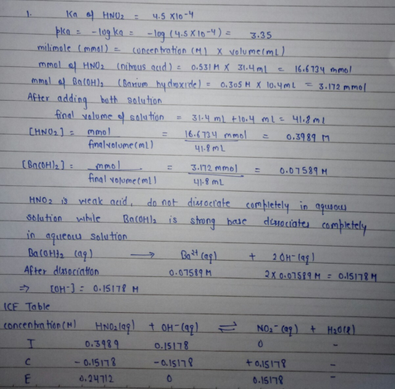 . Kao HNO2 = 4.5 X10-4 pko = -log kq = -109 (4.5 X10-4 ) = 3.35 milimole immol) - concentration (M) X volumeamL). mmol of HNO