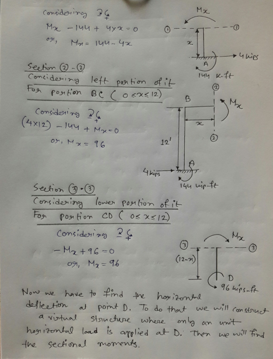 M2 Concidoineg 2 Ma -144 + 4 = O Mm 144-4x 4hies A Seetion - Comeidering left par tion ofit FoA 144 K-ft Ponton BC ( o<x12) C