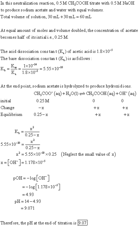 In this neutralization reaction, 0.5 M CH COOH titrate with 0.5 M NaOH to produce sodium acetate and water with equal volumes