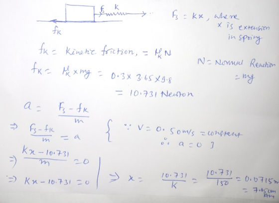 Inminn . Fs = kx, where x is extension in spring fx= Kinetic friction = h N. IN= Nonnal Reaction fac Mxing = 0.3% 3 65X9.8 an