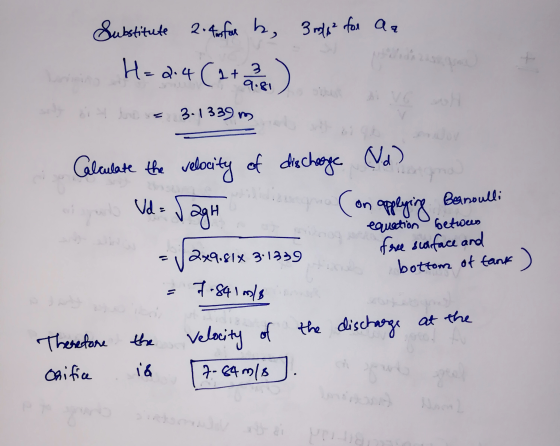 Substitute 2. Arfor b, 3 rols2 for az H= 2:4 (17) Mono = 3-1339 m Calculate the velocity of dischaoge (Vd) gno (on applying B