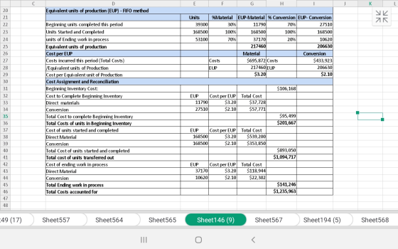 G H 20 Equivalent units of production (EUP) - FIFO method 21 22 23 24 100% Units %Material EUP-Material % Conversion EUP- Con