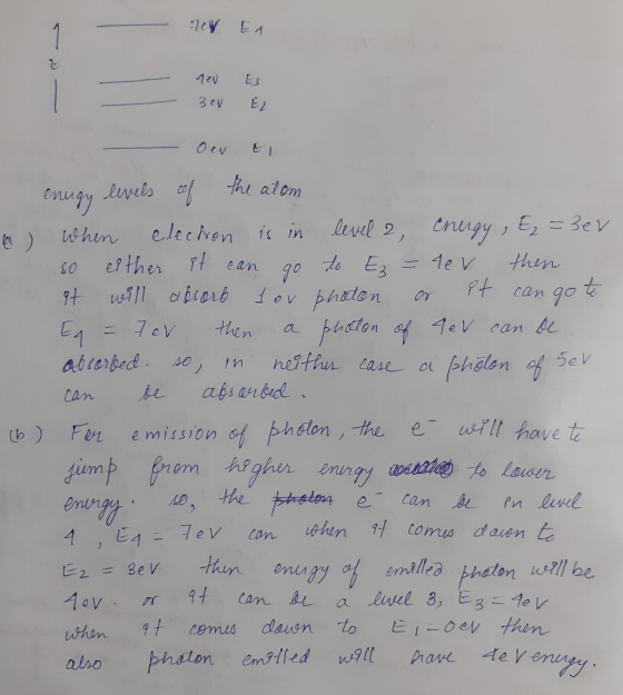 7 En nev E 3 eV EL OeV Ei enugy levels cof the atom a) when electron is in level 2, energy, E=3er so either it can go to Ez =