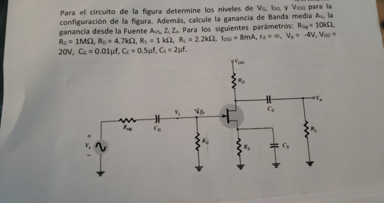 Para el circuito de la figura determine los niveles de VG, Ioa, y VGsa para la configuración de la figura. Además, calcule la