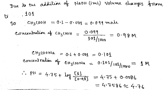 Due to the addition of MaOH (IML) volume changes from te ,101 30 CH3COOH = 0.1-0.col = 0.099 mode concentration af CH2COOH =