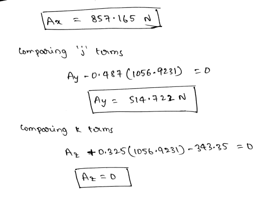 lax = 857-165 wl comparing j torms Ay -0.487(1056-9231) so Aya 514.722N comparing k forms Az +0.325(1056.9231) - 343.35 =0