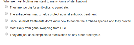 Why are most biofilms resistant to many forms of sterilization? They are too big for antibiotics to penetrate The extracelluar matrix helps protect against antibiotic treatment. Because most treatments dont know how to handle the Archaea species and they prevail Most likely from gene swapping from HGT They are just as susceptible to sterilization as any other prokaryote