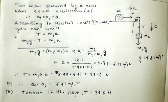 Two maso connected by a rope have equal acceleration da). - Oysa, ca inseamna According to Newtons Law Erama- you can write